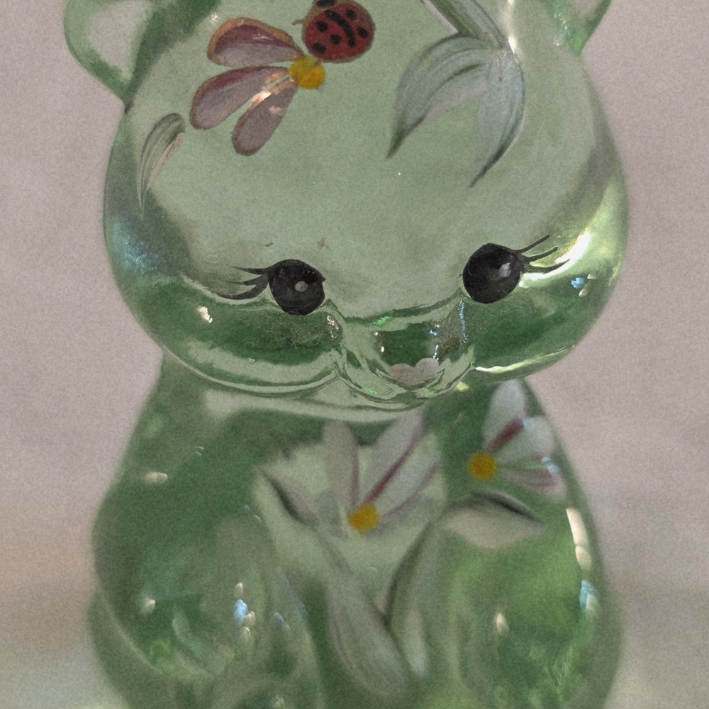 Fenton Green Glass Cat with Floral Design